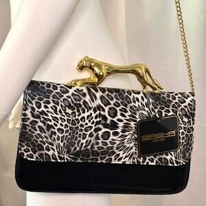 Sasha NY Gold Leopard Chain Purse Grey Black Handbag Wilderkind PinUp Glam NEW